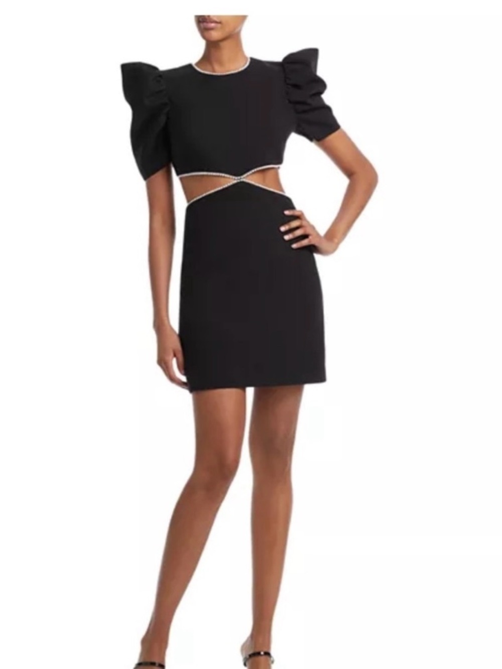 Likely Black Puff-Sleeve Cutout Mini with Pearl Trim